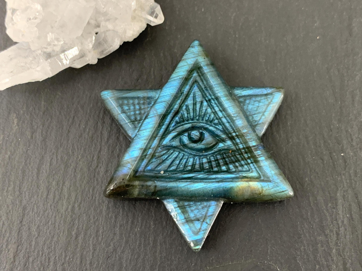 Labradorite All Seeing Eye 45x41mm Carving - Hand Carved Labradorite