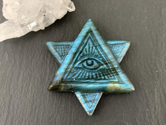 Labradorite All Seeing Eye 45x41mm Carving - Hand Carved Labradorite
