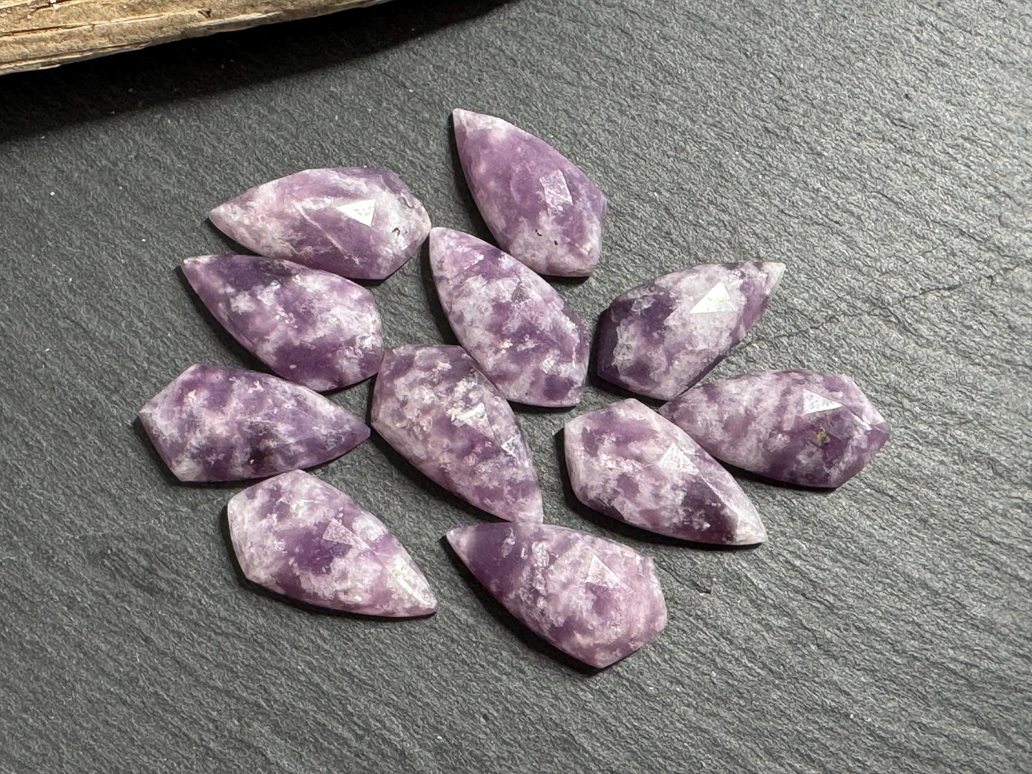 Faceted Lepidolite kite 8x15mm cabochon