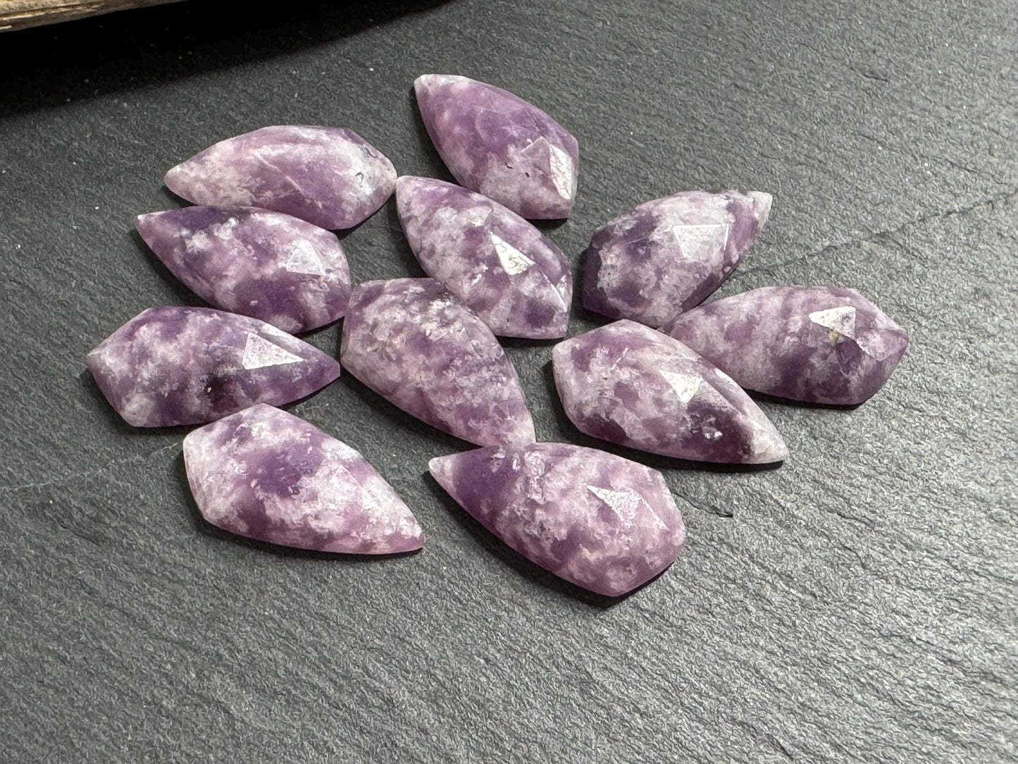 Faceted Lepidolite kite 8x15mm cabochon
