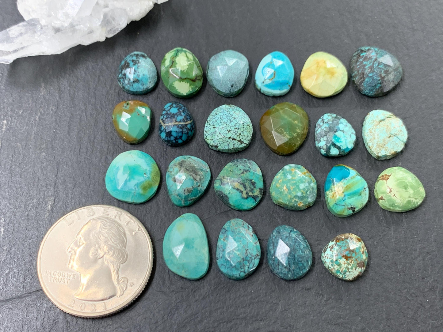 Faceted Tibetan Turquoise Pair long Cabochon - Hand Cut Cabochon