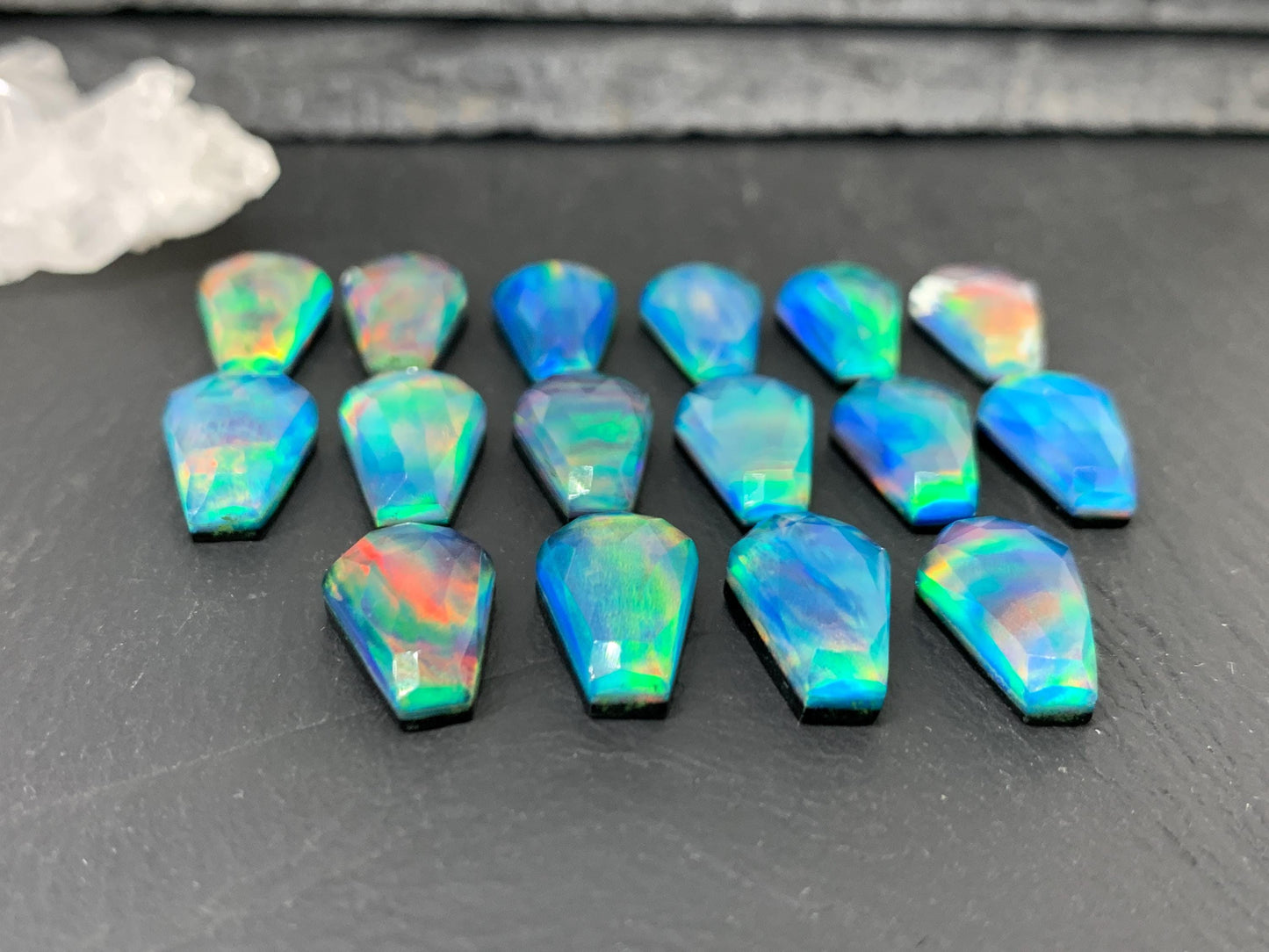 Faceted Aurora Opal coffin 10x16mm cabochon - Doublet cabochons