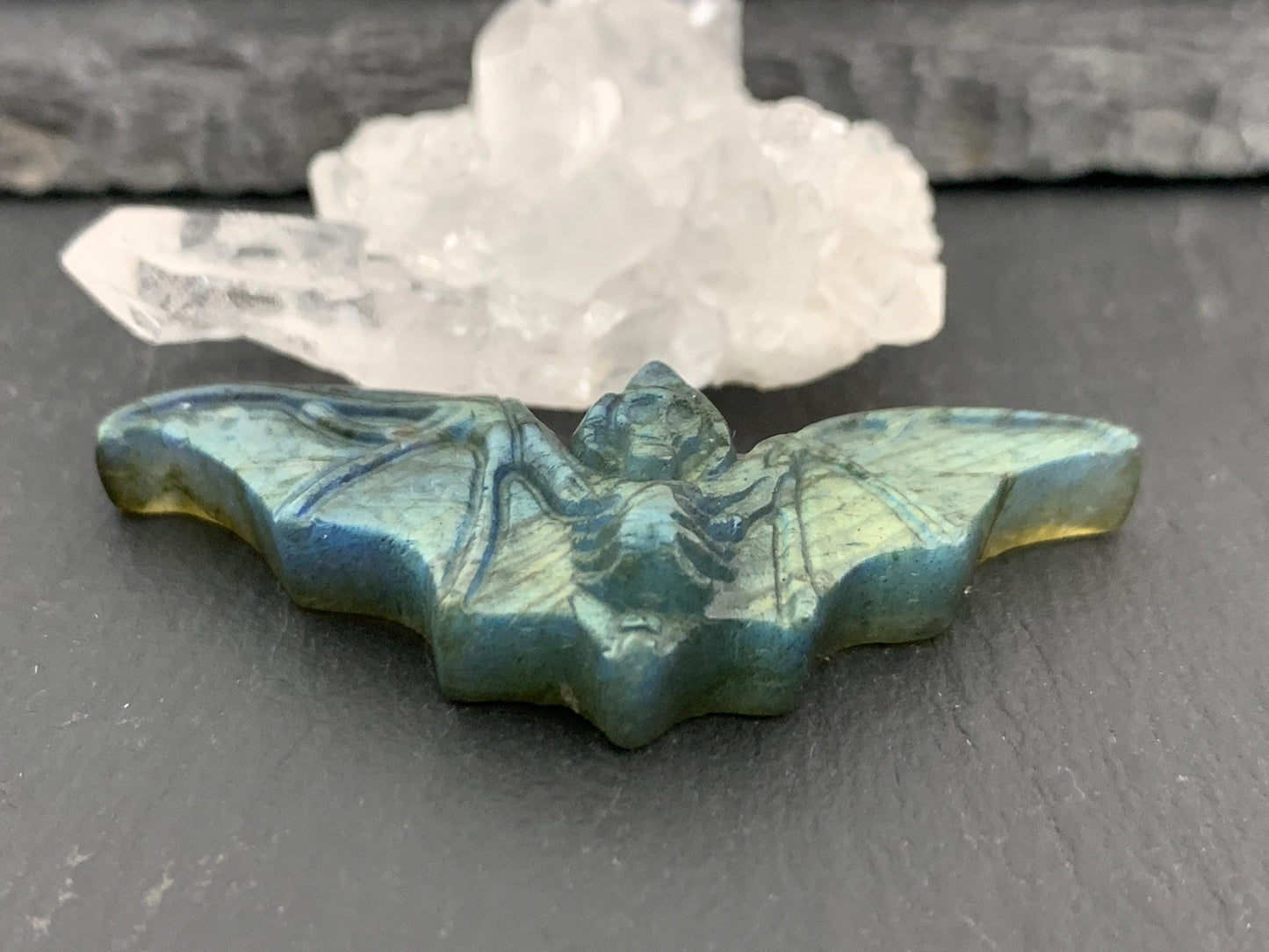 Labradorite skeleton bat 19x48mm flat back carving