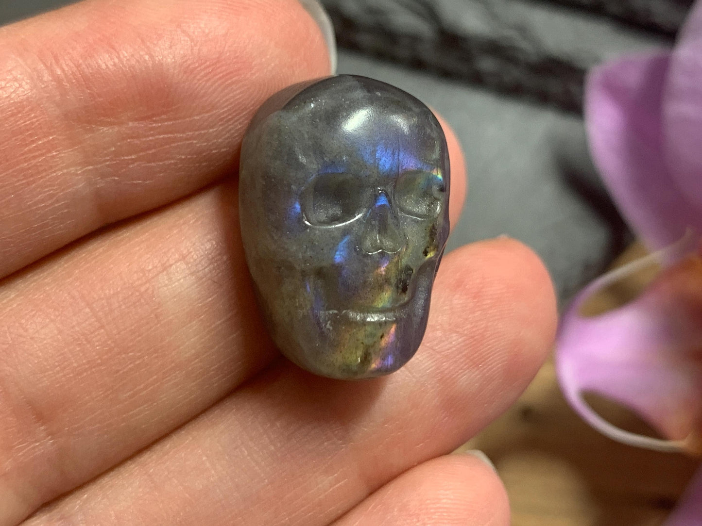 Labradorite Skull Carving | Rainbow Flash Crystal Skull Decor