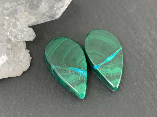 Malachite Chrysocolla pear 12x21x4.5mm cabochon pair