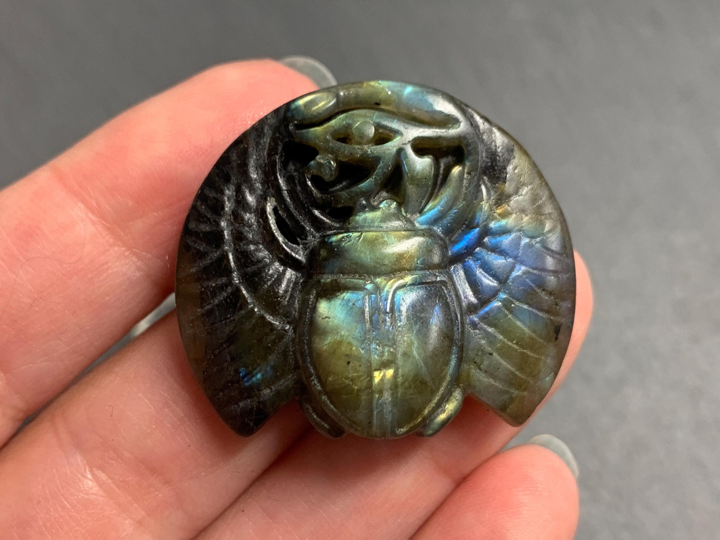 Labradorite Scarab Carving: Ancient Egyptian Eye of Horus Symbol of Protection (35x31mm)