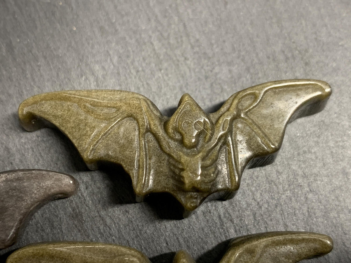 Obsidian Bat Carving, Natural Silver Gold Flat Back Gem - 50x20mm