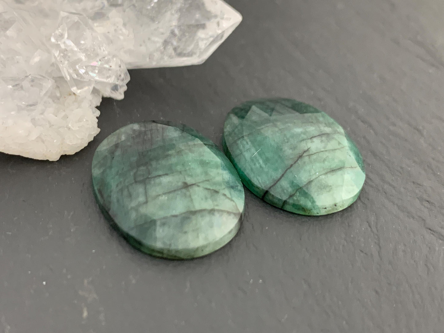 Faceted Emerald Pair 15x19x3.5mm cabochon