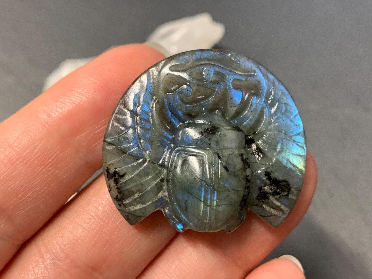 Labradorite Scarab Carving: Ancient Egyptian Eye of Horus Symbol of Protection (34x30mm)