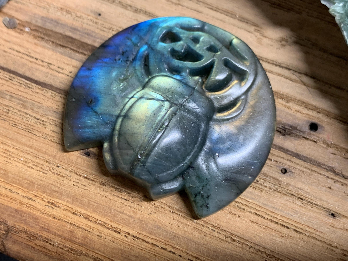 Labradorite Scarab Carving: Ancient Eye of Horus Symbol of Protection (34x31mm)