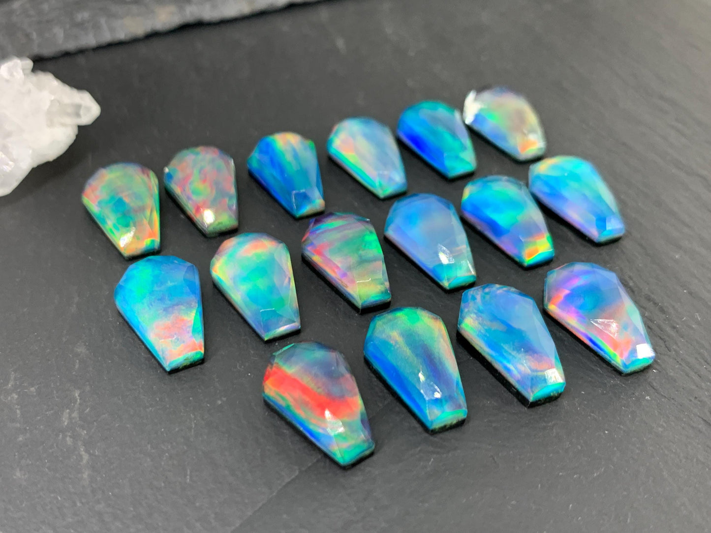 Faceted Aurora Opal coffin 10x16mm cabochon - Doublet cabochons