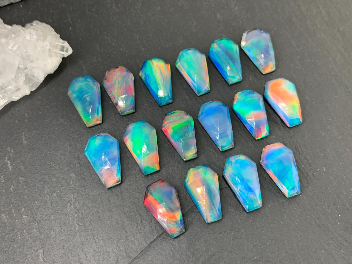Faceted Aurora Opal coffin 10x16mm cabochon - Doublet cabochons