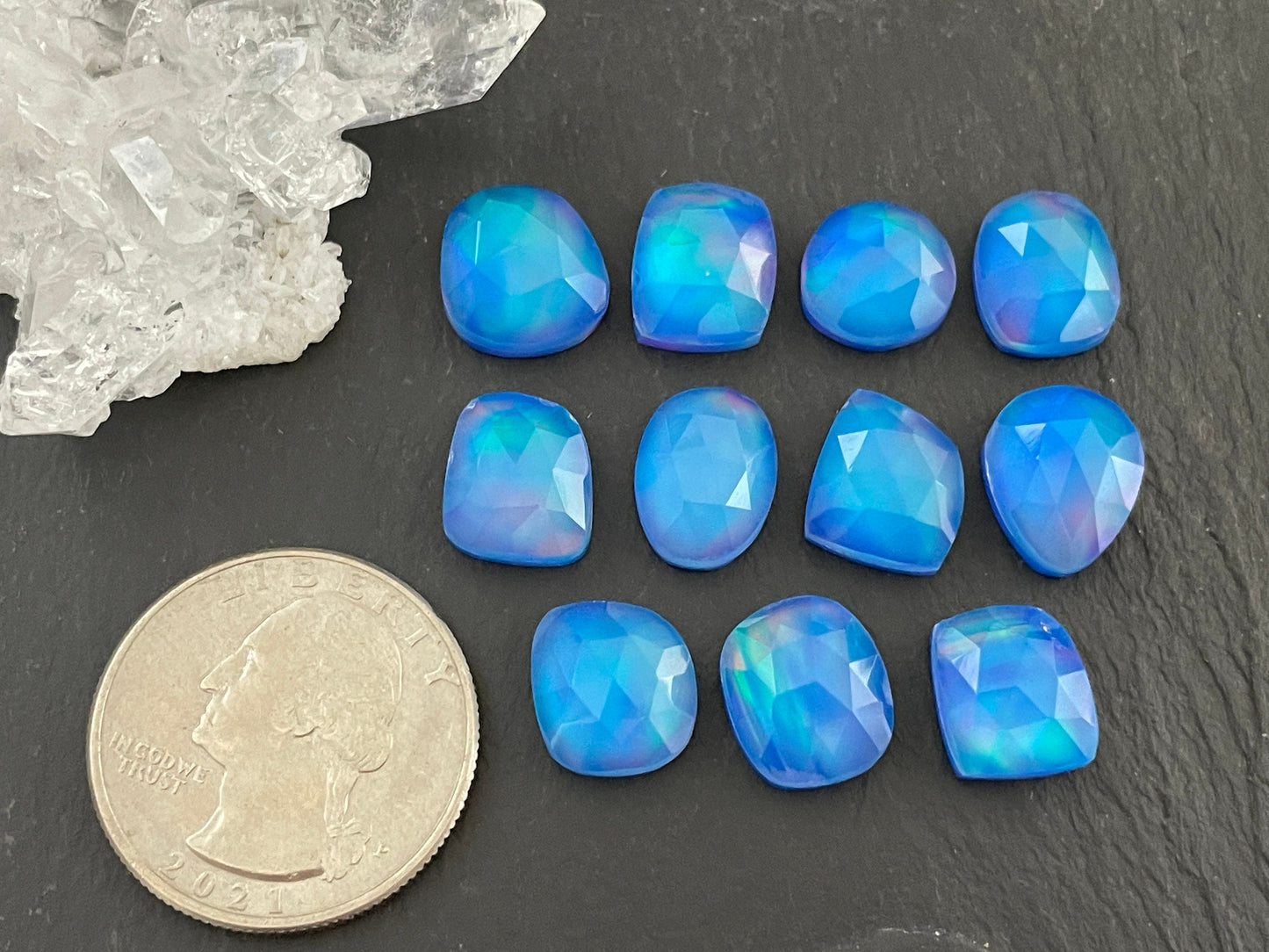 Faceted Aurora Opal 11-12mm long cabochon - Doublet cabochons
