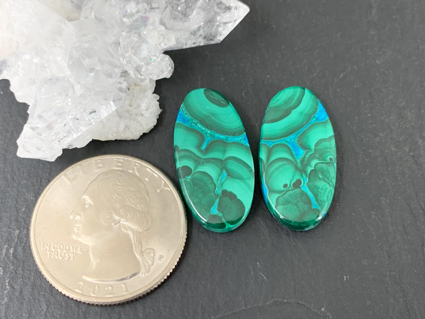 Malachite Chrysocolla oval 12x24x4mm cabochon pair