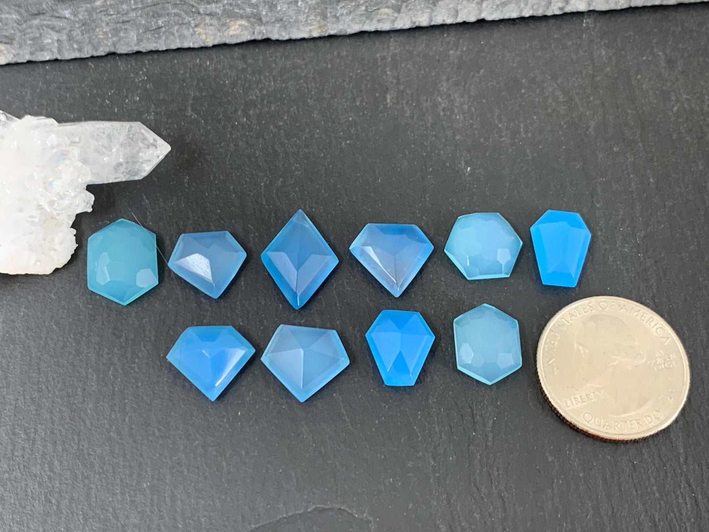 Faceted Blue Chalcedony 12-18mm long cabochon