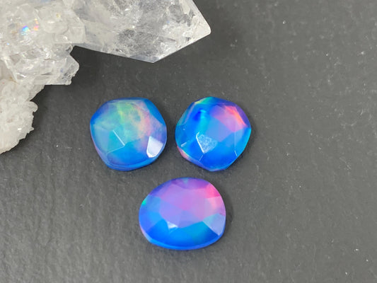 Faceted Aurora Opal free form 8-9mm long doublet cabochons