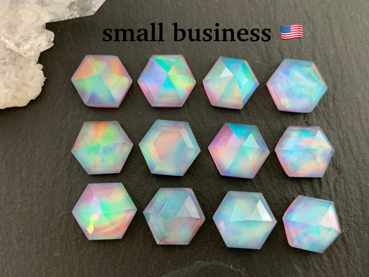 Faceted Aurora Opal hexagon 10mm cabochon - Doublet cabochons