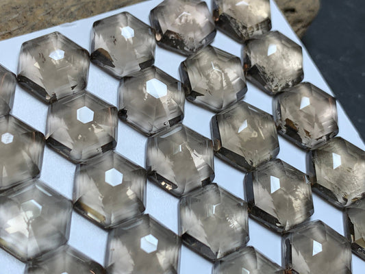 Faceted Smokey Quartz hexagon 12mm cabochon - Calibrated cabochons