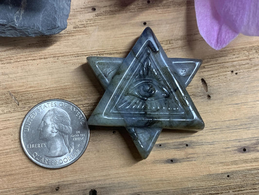 Labradorite All Seeing Eye 50x40 mm Carving. Hand Carved Labradorite Merkaba Star