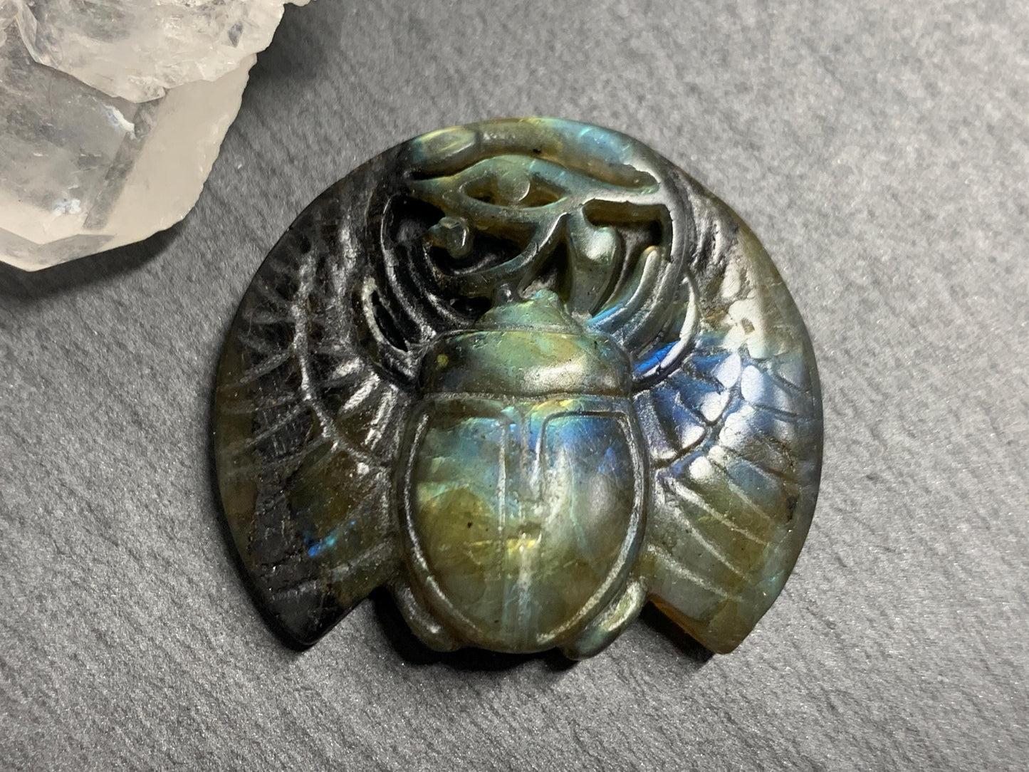 Labradorite Scarab Carving: Ancient Egyptian Eye of Horus Symbol of Protection (35x31mm)