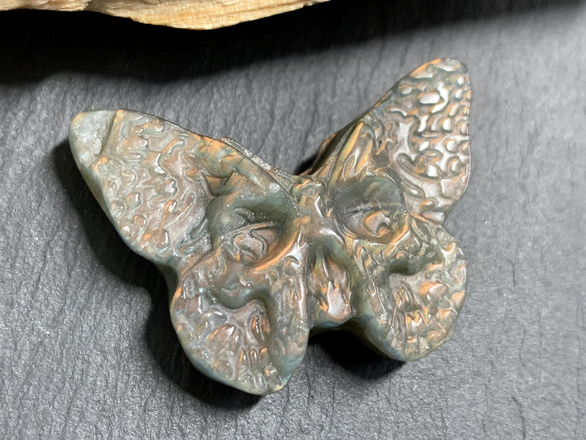 Labradorite Ghost Face Butterfly 41x29mm Flat Back Carving, Natural Labradorite, Handcrafted Crystal Jewelry