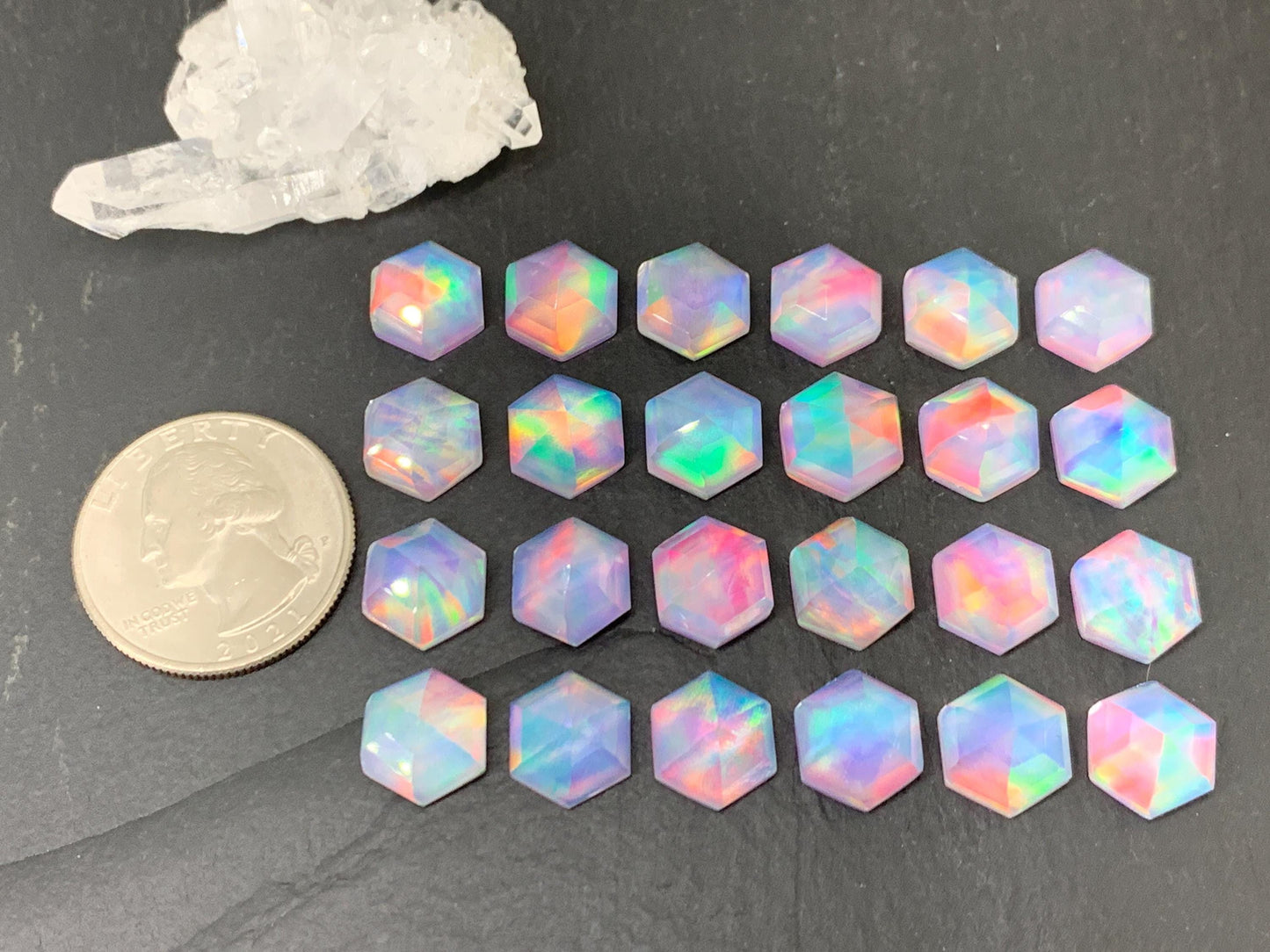 Faceted Aurora Opal hexagon 10mm cabochon - Doublet cabochons - man made Opal