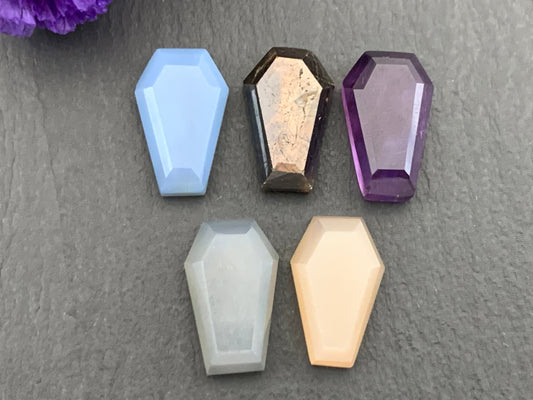 Faceted coffin 10x16mm cabochon- Blue Opal, Star Sapphire, Amethyst, Grey Moonstone, Peach Moonstone