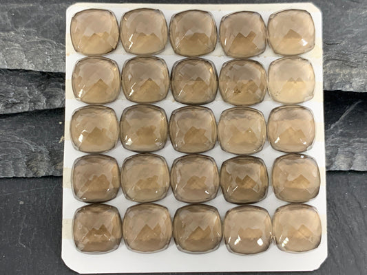 Faceted Smokey Quartz square cushion 10mm cabochon  - Calibrated cabochons