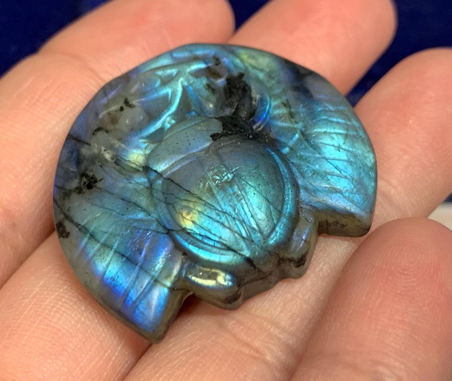 Labradorite Scarab Carving: Ancient Egyptian Eye of Horus Symbol of Protection (34x31mm)