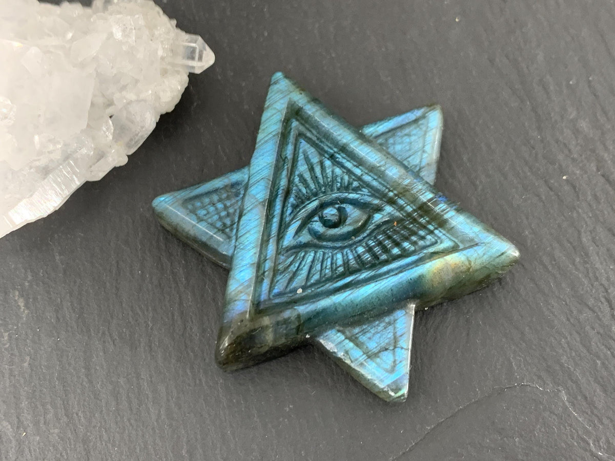 Labradorite All Seeing Eye 45x41mm Carving - Hand Carved Labradorite