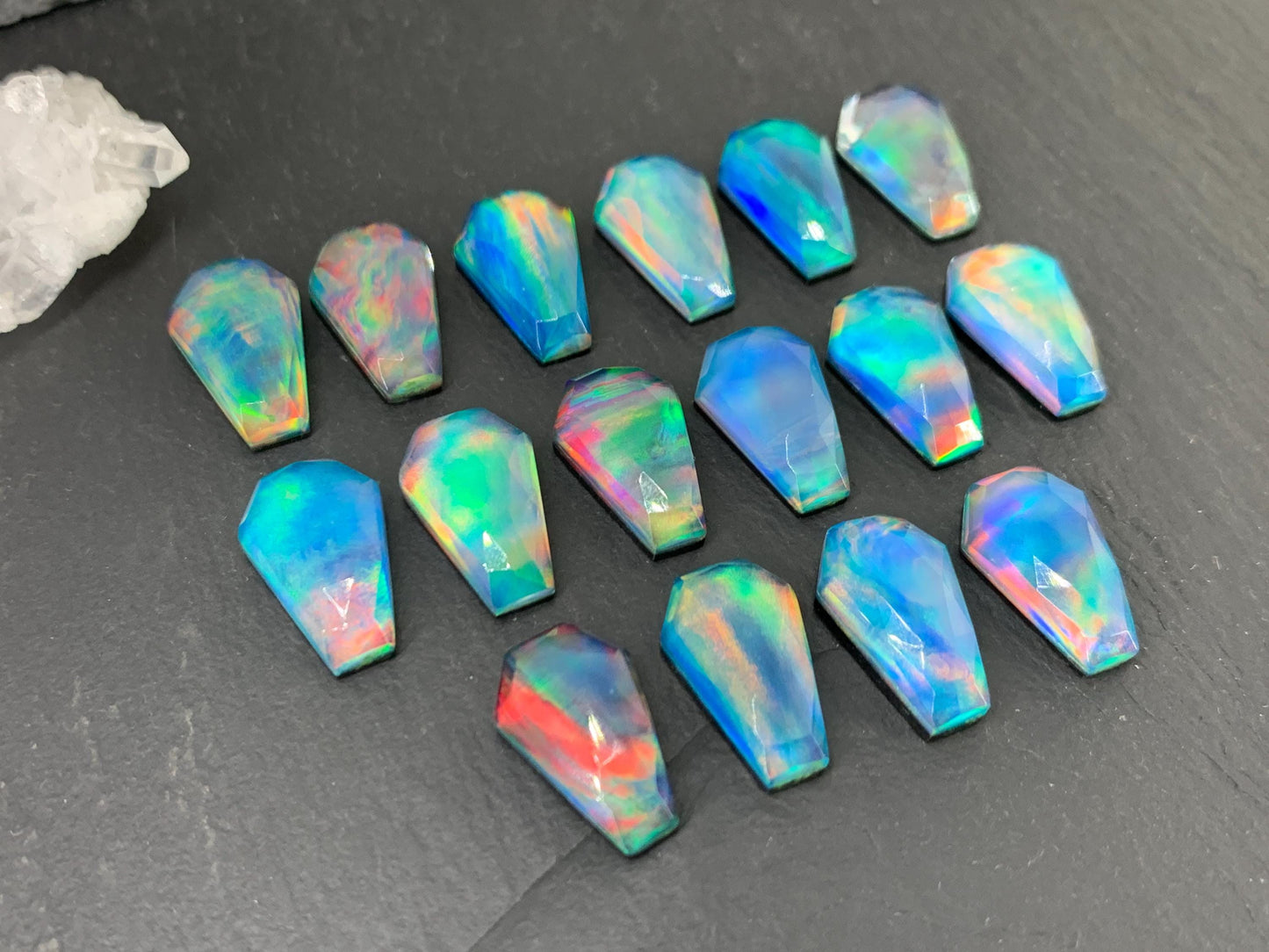 Faceted Aurora Opal coffin 10x16mm cabochon - Doublet cabochons