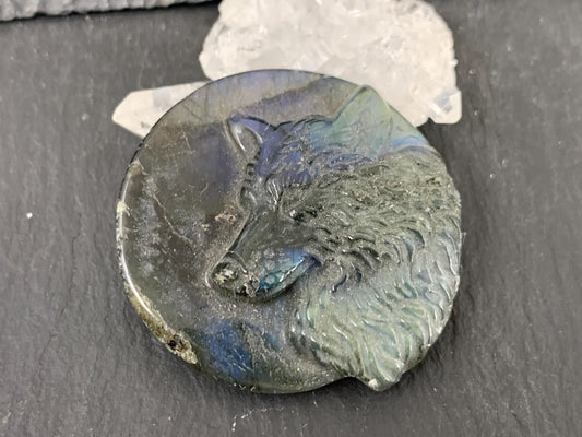 Labradorite Wolf Carving - 40mm Natural Gemstone Flat Back Design