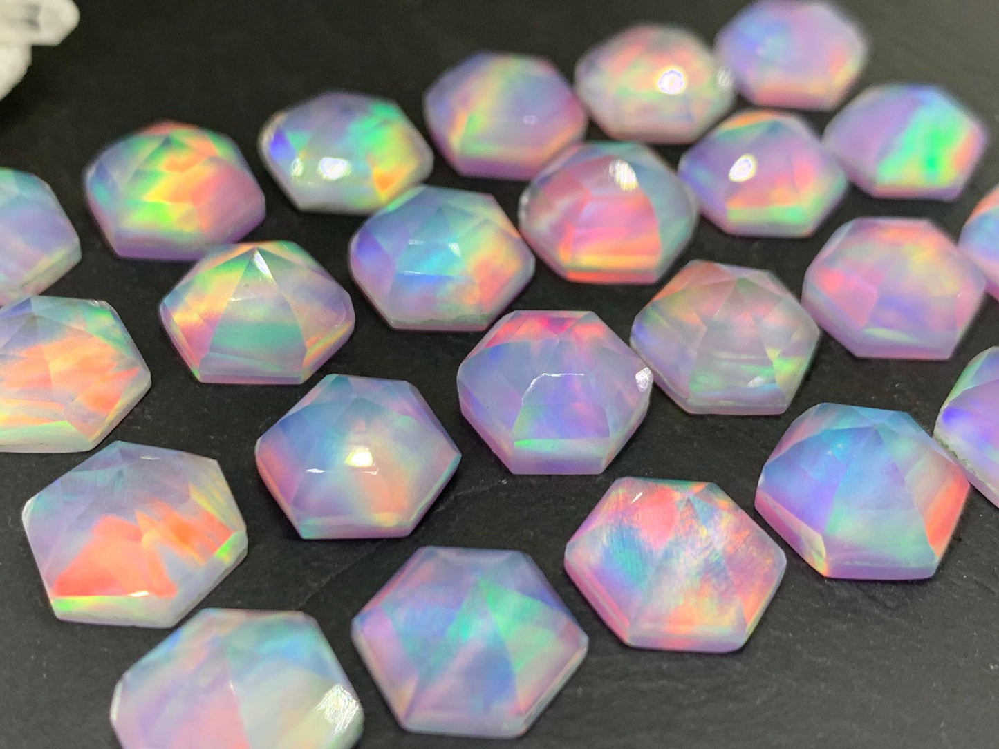Faceted Aurora Opal hexagon 10mm cabochon - Doublet cabochons - man made Opal