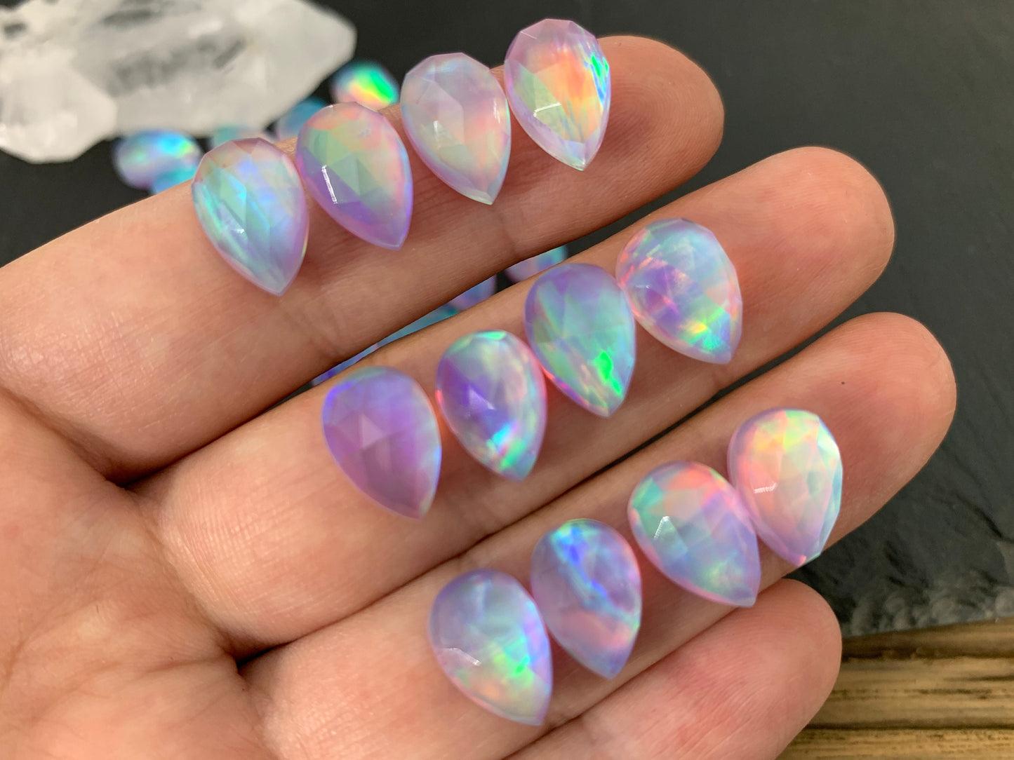 Faceted Aurora Opal pear 8x12mm cabochon - Doublet cabochons