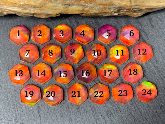 Faceted Orange Aurora Opal hexagon 10mm cabochon - Doublet cabochons