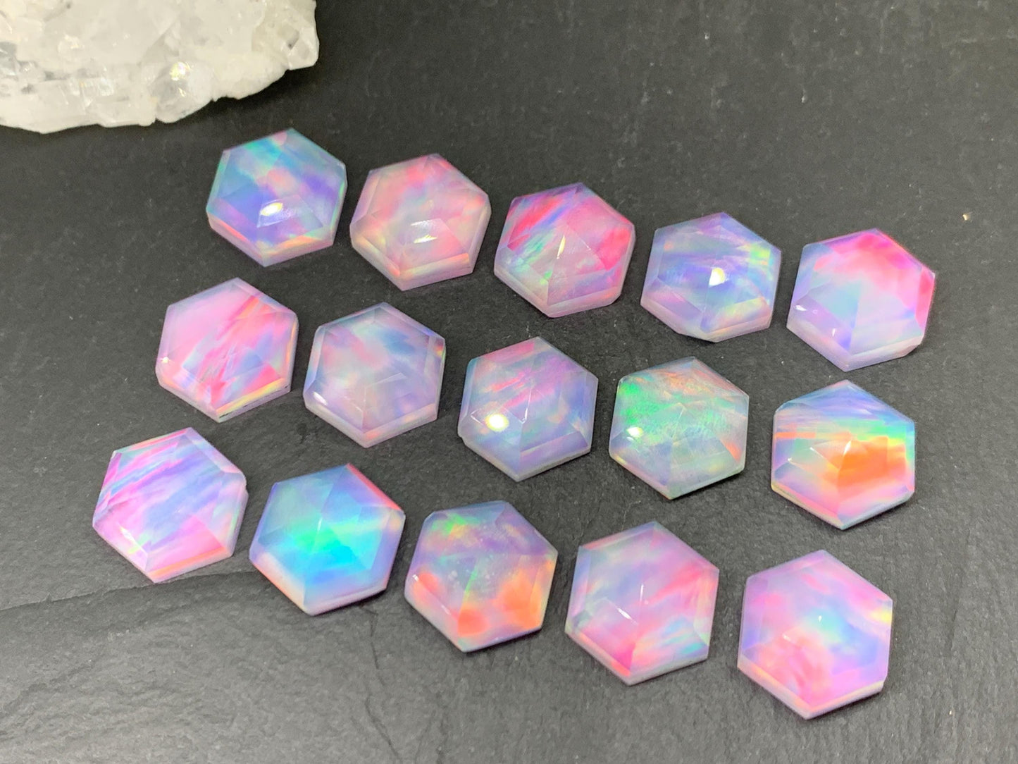 Faceted  Aurora Opal hexagon 12mm cabochon - Doublet cabochons - man made Opal