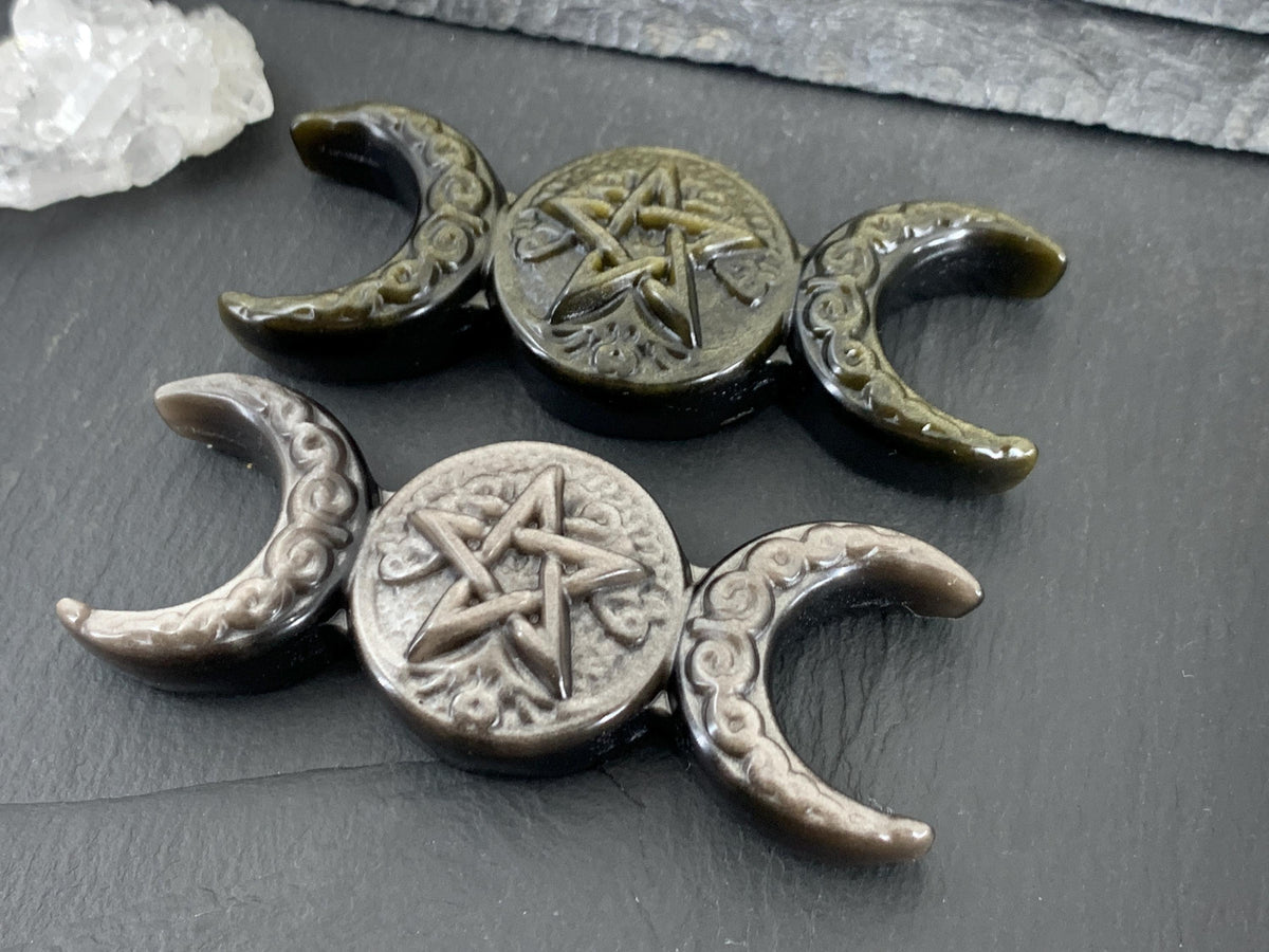 Obsidian Pentacle Altar Decor, Triple Moon Carving - Wiccan Gift