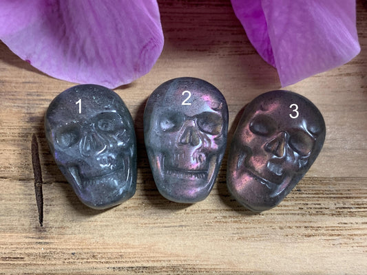 Labradorite Skull Carving, Pink- Purple Flash Crystal Skull, Gothic Crystal Decor, Witchy Home Decor:15x22
