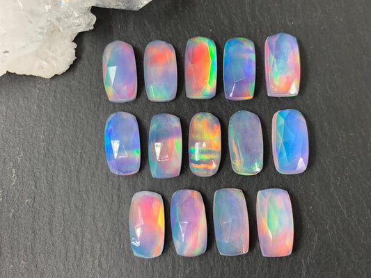 Faceted Aurora Opal rectangle 6x12mm cabochon - Doublet cabochon