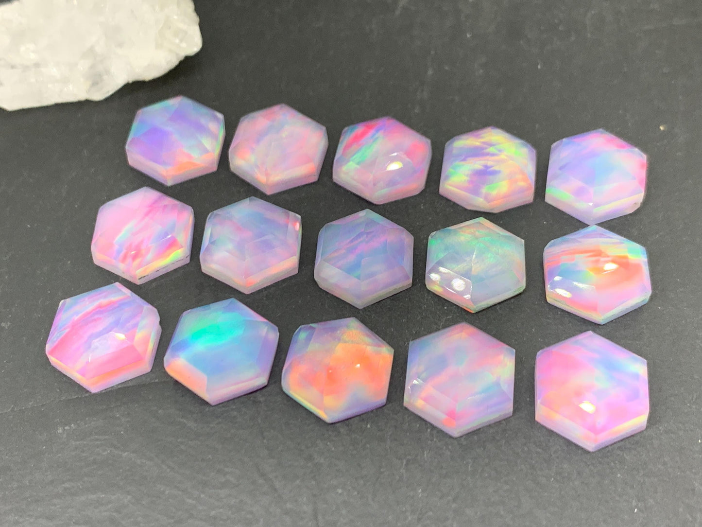 Faceted  Aurora Opal hexagon 12mm cabochon - Doublet cabochons - man made Opal