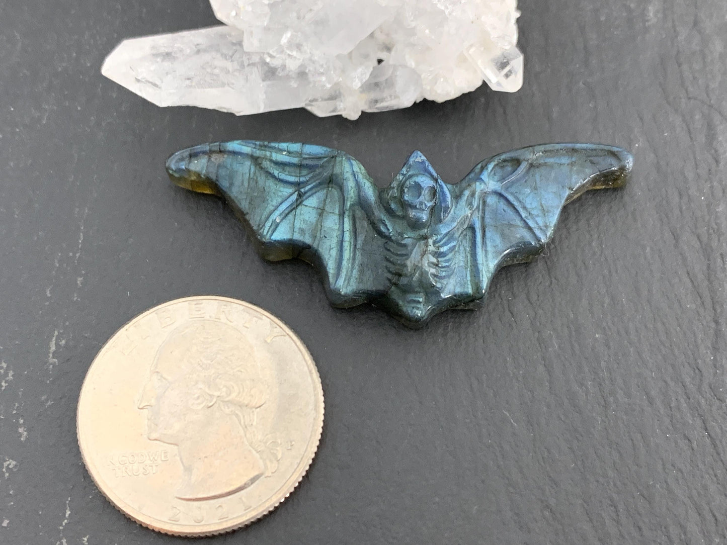 Labradorite skeleton bat 19x48mm flat back carving
