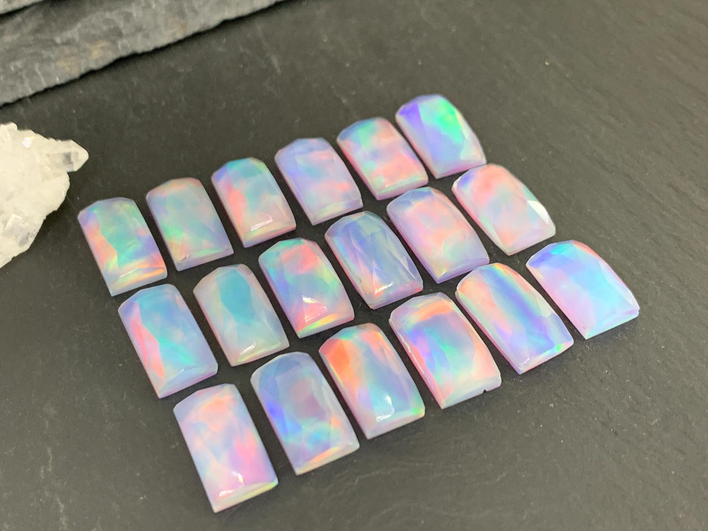 Faceted Aurora Opal rectangle 8x15-16mm cabochon - Doublet cabochon