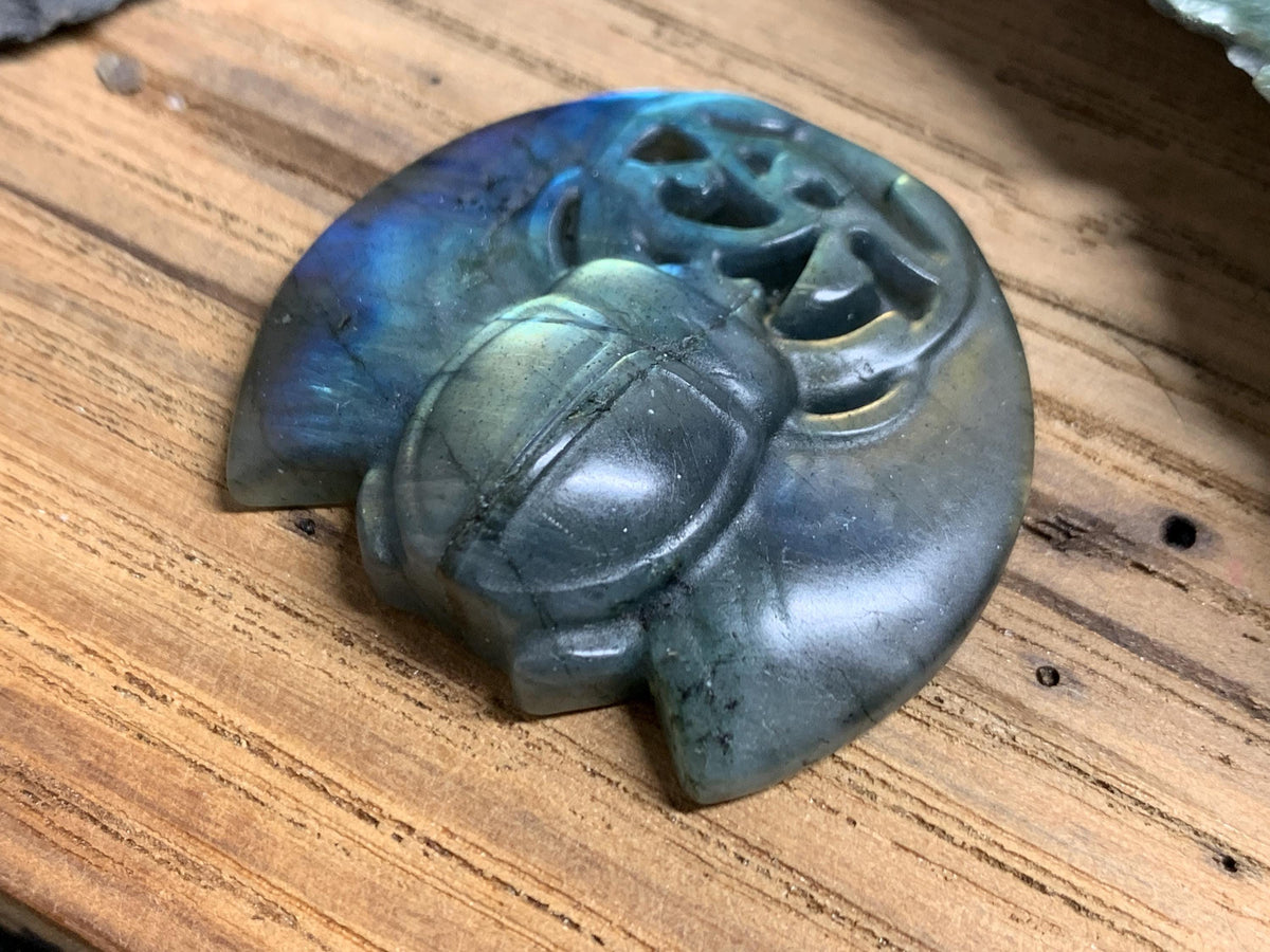 Labradorite Scarab Carving: Ancient Eye of Horus Symbol of Protection (34x31mm)