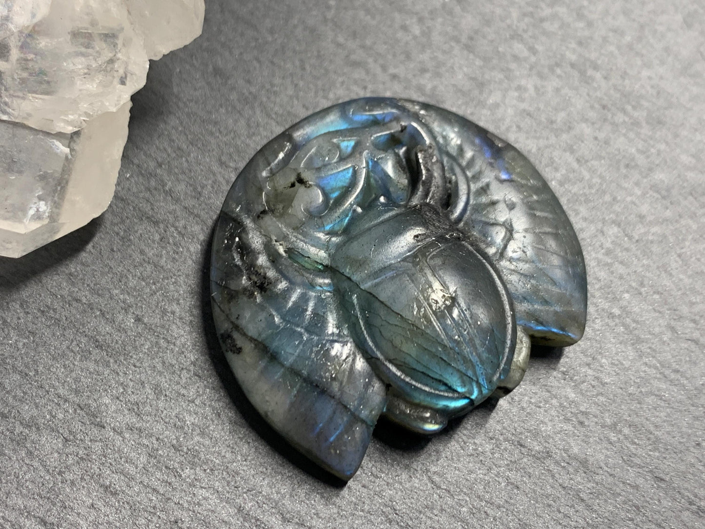 Labradorite Scarab Carving: Ancient Egyptian Eye of Horus Symbol of Protection (34x31mm)