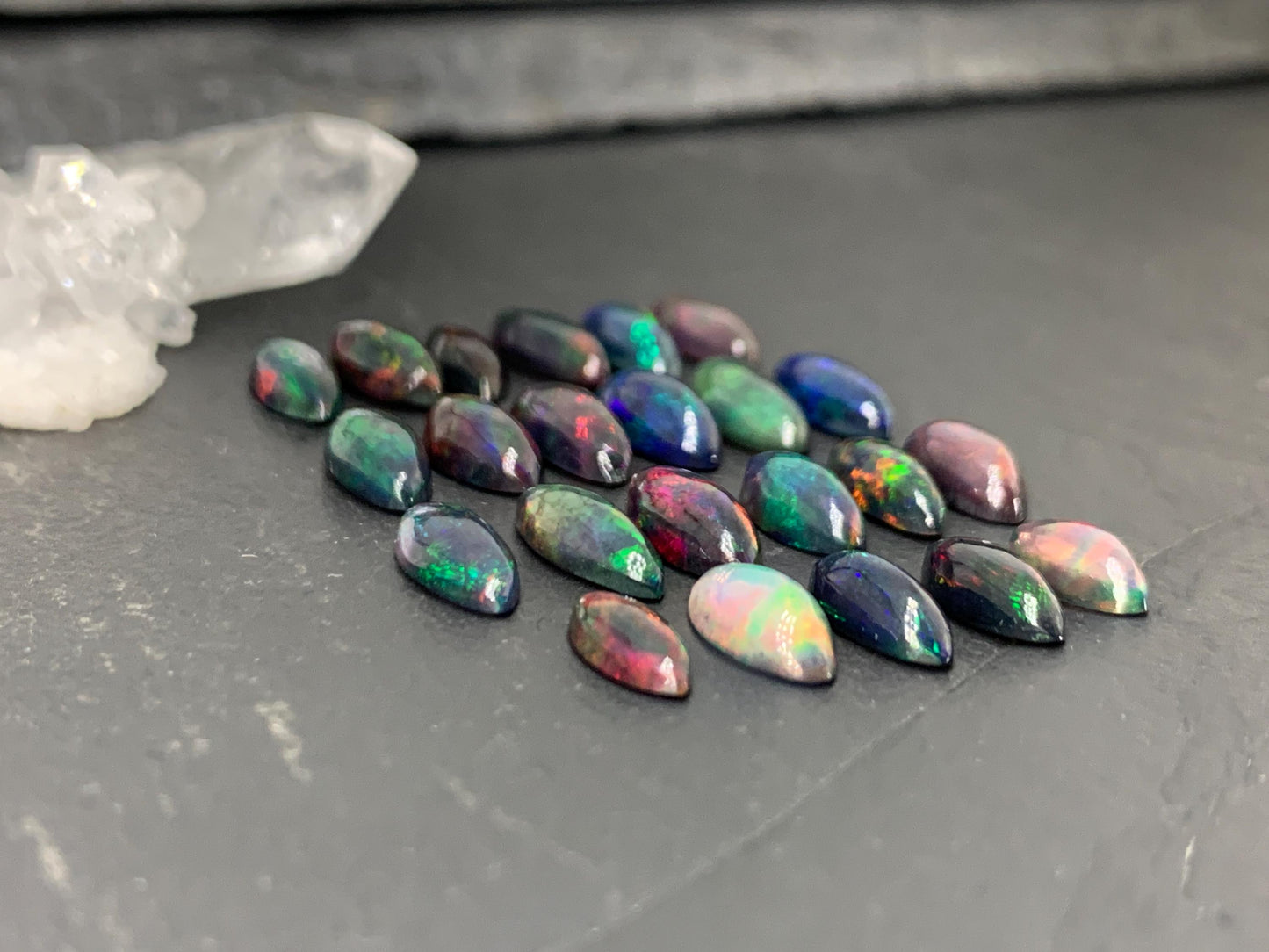 Natural Ethiopian Black Opal marquise 9-11mm long cabochon