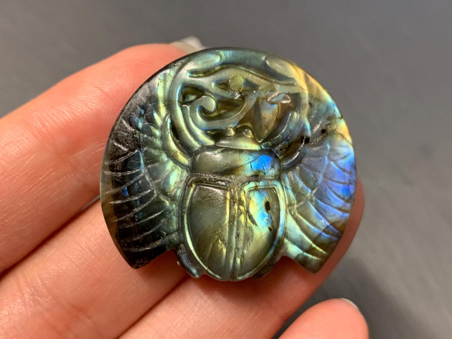 Labradorite Scarab Carving: Ancient Egyptian Eye of Horus Symbol of Protection (34x31mm)