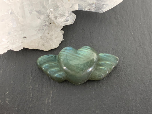 Labradorite Heart with Wings 25x10mm. Hand Carved Gemstone