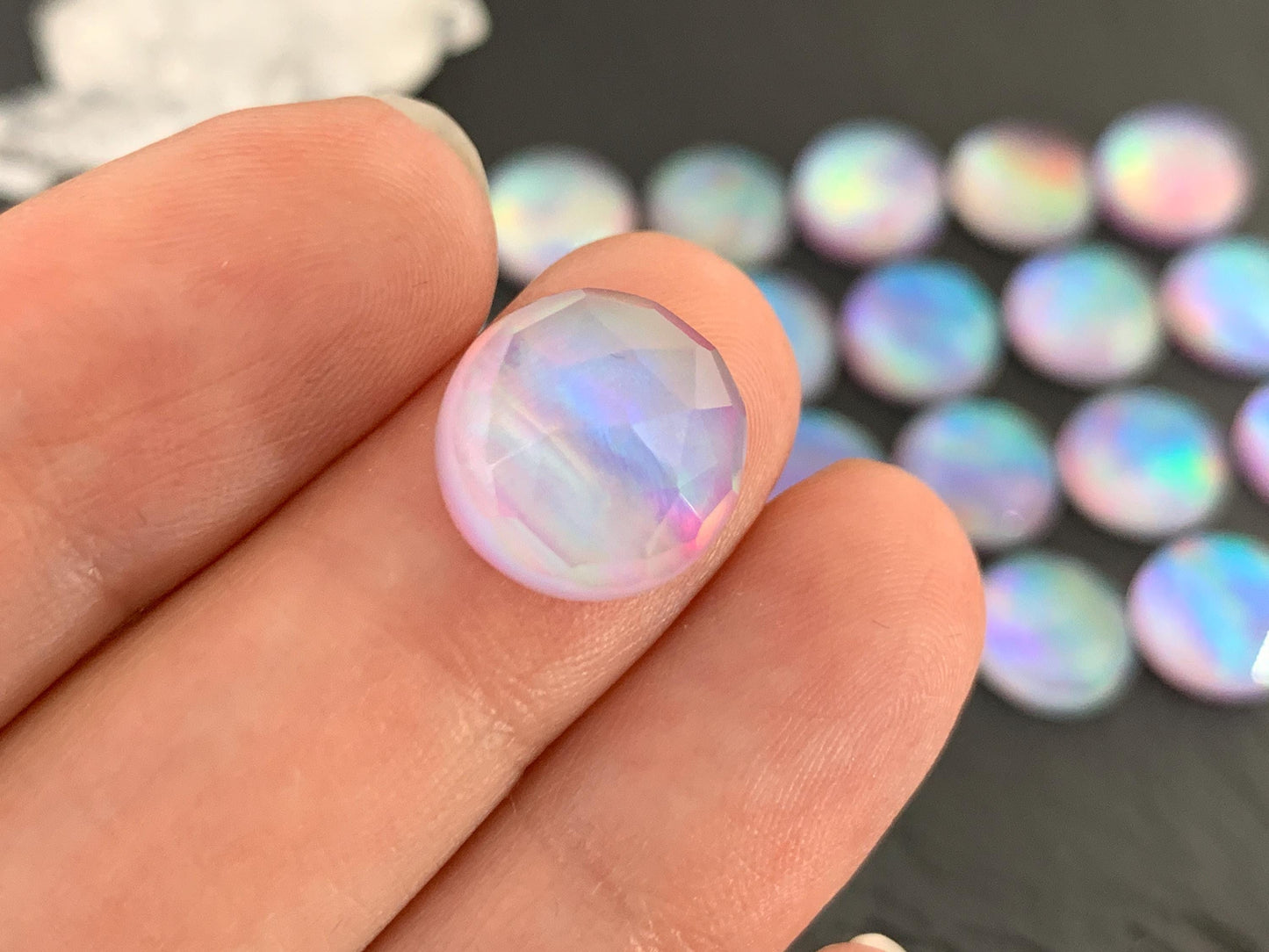 Faceted Aurora Opal round 12mm cabochon - Doublet cabochons
