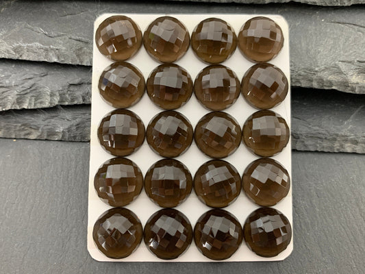 Faceted Smokey Quartz round 14mm cabochon - Calibrated cabochons