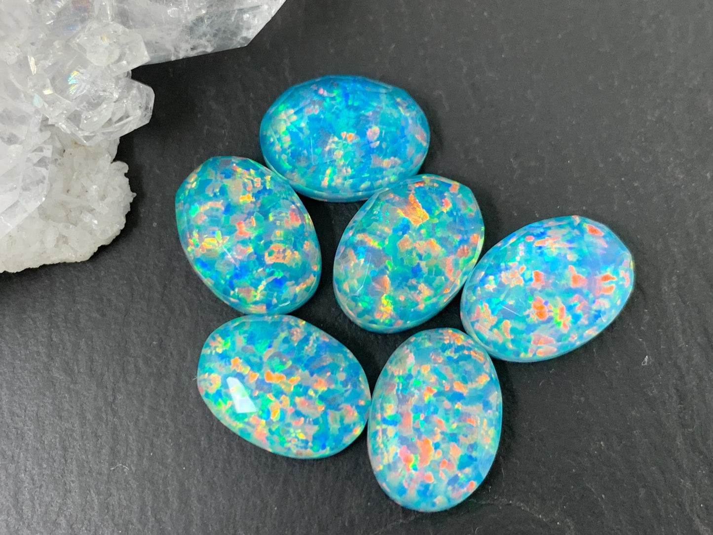 Faceted Aurora Opal oval 10x14mm cabochons - Blue Glittery Cabochons - Doublet cabochons